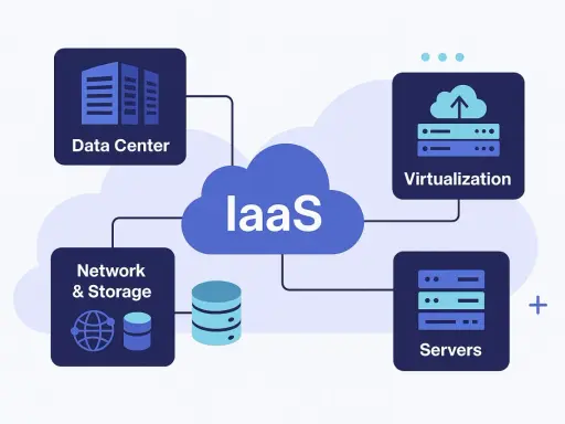 Diagramme illustrant l'IaaS : centre de données, réseau, stockage, virtualisation et serveurs. Un serveur internet est au cœur de ce système.