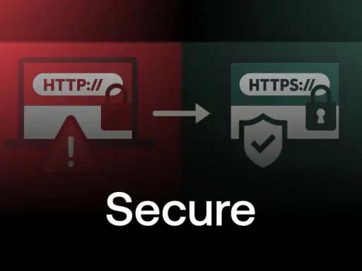 Transition d'un site HTTP non sécurisé vers HTTPS, symbolisant un audit sécurité web réussi. Icônes de cadenas, bouclier et alerte.