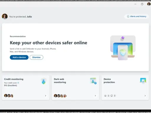 Interface de Microsoft Defender pour edr windows, avec une recommandation pour sécuriser d'autres appareils et des options de surveillance.