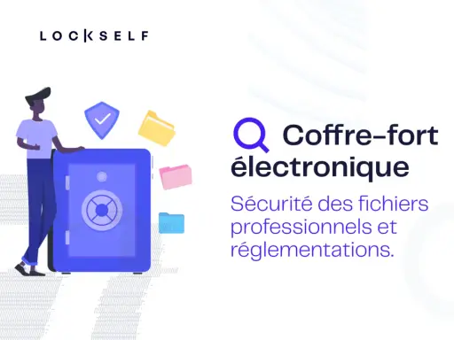 Un homme se tient près d'un coffre-fort électronique, symbole de sécurité pour les fichiers professionnels et réglementations.