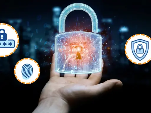 Main : Une main tient un cadenas numérique symbolisant la sécurité. Des icônes de mot de passe, d'empreinte digitale et de bouclier illustrent l'authentification MFA.