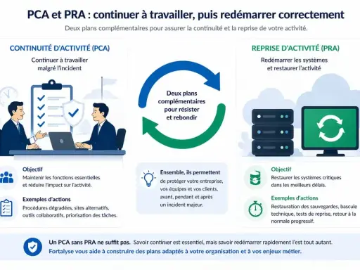 Illustration expliquant la résilience en cybersécurité avec les plans PCA et PRA pour assurer la continuité et la reprise d'activité.