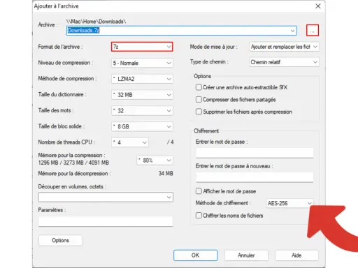 Fenêtre d'ajout d'archive 7z, montrant les options de compression et de chiffrement. L'avantage format archive 7z est sa flexibilité.