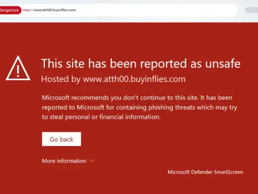 Alerte Microsoft Defender SmartScreen : ce site est dangereux et signalé comme non sûr, potentiellement pour du phishing.