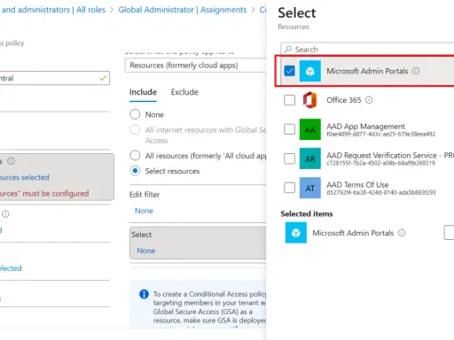 Configuration d'une stratégie d'accès conditionnel pour rendre le **Microsoft MFA obligatoire** pour les portails d'administration Microsoft.