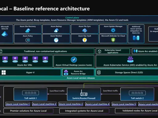 Architecture de référence Azure Local, montrant le plan de contrôle, les applications traditionnelles et Kubernetes, ainsi que l'intégration avec Azure Arc.