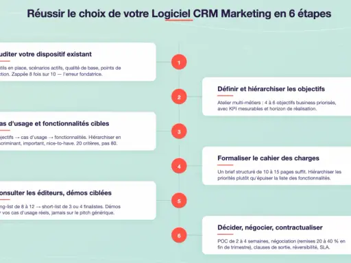 Schéma des 6 étapes pour choisir un logiciel CRM Marketing, incluant l'audit, la définition des objectifs, le cahier des charges, et la négociation.