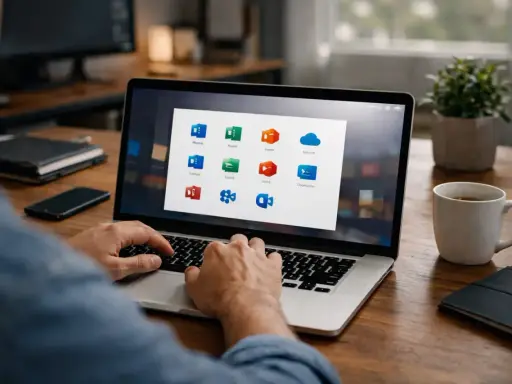 Un homme utilise un ordinateur portable affichant la grille d'applications Office 365, incluant Word, Excel et OneDrive.