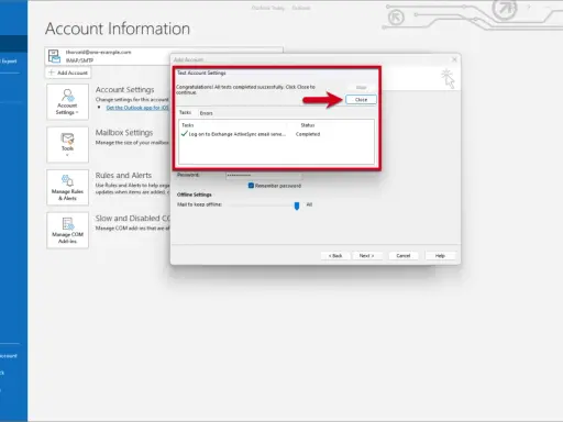 Configuration d'un compte de messagerie, type IBM Notes Mail, réussie dans Outlook. Le test de connexion est terminé.