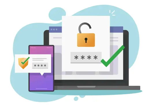Sécurité renforcée : un cadenas ouvert et des étoiles pour le mot de passe sur un écran d'ordinateur, avec un téléphone affichant un code et un bouclier. Fin des demandes de mot de passe intempestives Office 365.