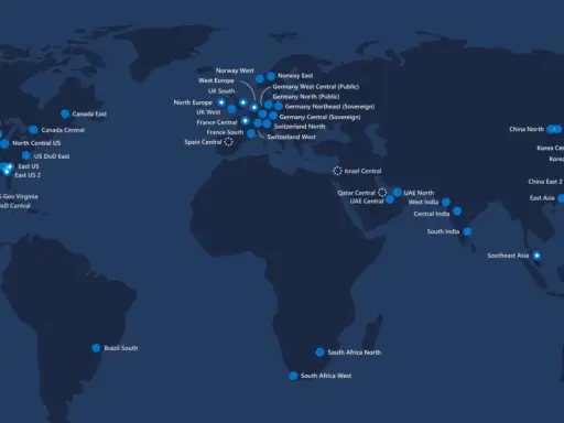 Carte des **azure regions** mondiales, montrant les centres de données disponibles et annoncés.