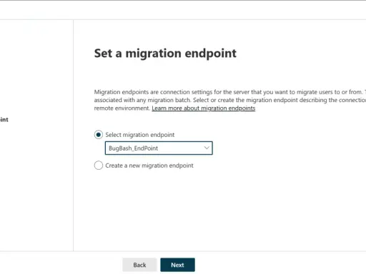 Configuration de l'endpoint pour la migration imap vers Office 365. Choix entre un endpoint existant ou la création d'un nouveau.