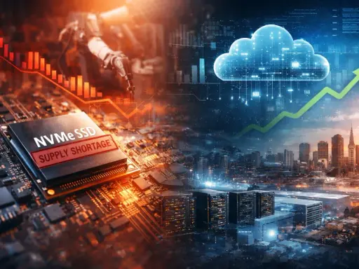 Un composant de stockage flash NVMe SSD avec "SUPPLY SHORTAGE" est superposé à une ville futuriste et un nuage symbolisant le cloud.