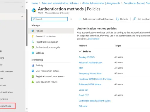 Interface Microsoft Entra ID pour configurer les méthodes d'authentification, y compris le MFA.