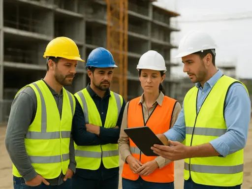 Équipe d'ingénieurs discutant sur un ged chantier, casques et gilets de sécurité, tablette à la main.