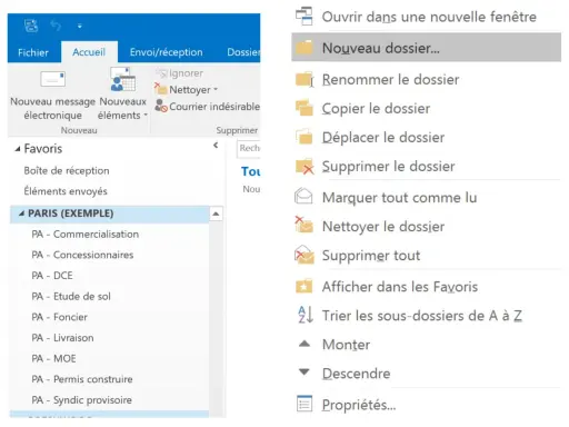 Interface d'un logiciel de messagerie montrant comment classer ses mails avec des dossiers et des options de gestion.