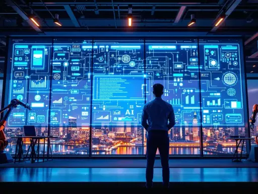 Un homme observe un écran futuriste affichant des schémas complexes et des données financières, symbolisant l'automatisation des processus robotisés (RPA) dans la finance.