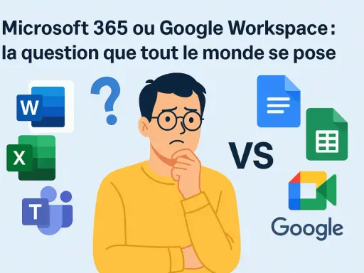 Un homme perplexe face aux logos de Microsoft 365 (Word, Excel, Teams) et Google Workspace (Docs, Sheets, Meet). Microsoft shared c'est quoi ?