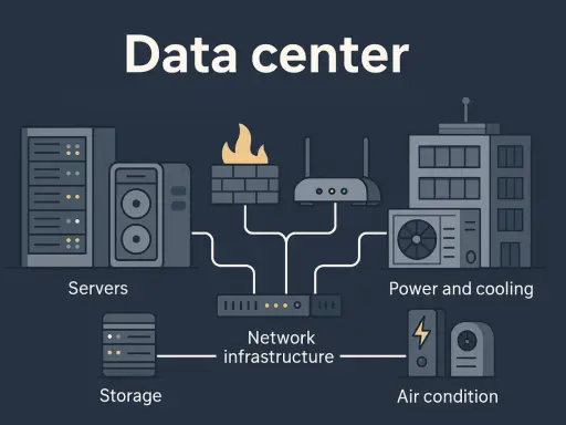 Schéma expliquant ce qu'est un data center : serveurs, stockage, infrastructure réseau, alimentation, refroidissement et climatisation.