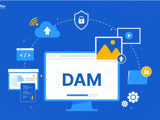 Illustration d'un système DAM d'entreprise : gestion de contenu visuel, sécurité, stockage cloud et analyse de données.