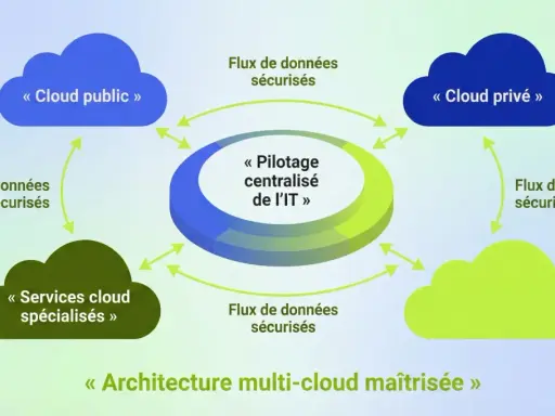 Schéma illustrant le pilotage centralisé de l'IT dans une architecture multi-cloud maîtrisée, avec des flux de données sécurisés entre cloud public, privé et services spécialisés.