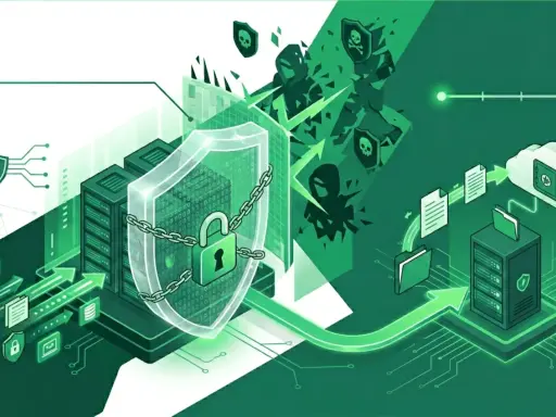 Illustration d'une sécurité informatique robuste, avec des serveurs protégés par un bouclier et un cadenas. Des icônes de menaces tentent de percer, mais le réseau 3G reste sécurisé.