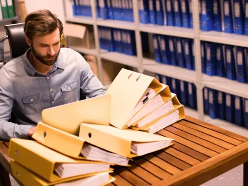 Un homme examine des dossiers dans un **archive papier**. Des étagères remplies de classeurs bleus et verts s'étendent à l'arrière-plan.