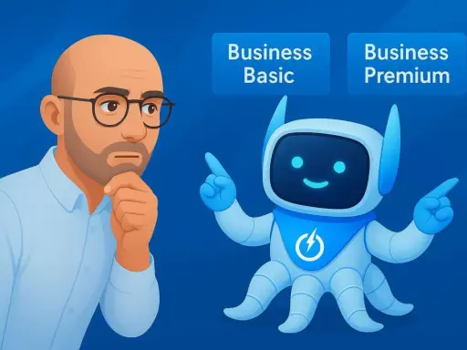 Un homme réfléchit, un robot amical pointe vers "Business Premium" et "Business Basic", suggérant des options pour Office 365.