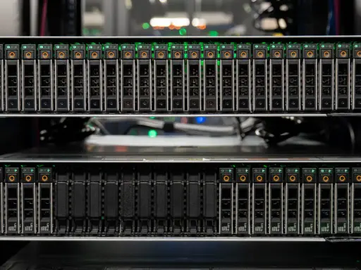 Serveur avec plusieurs baies de disques SSD, toutes allumées en **full flash**. Les indicateurs verts brillent intensément.