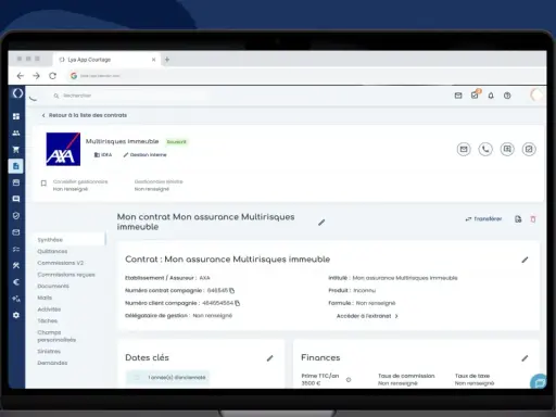 Interface d'une application de courtage en assurance, affichant les détails d'un contrat multirisques immeuble AXA. Gestion des sinistres et des finances pour une meilleure expérience ged assurance.