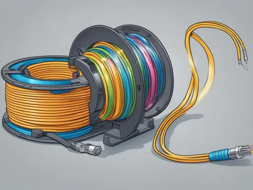 Bobines de câble fibre optique multicolore, prêtes à être déployées sur une longueur maximum.