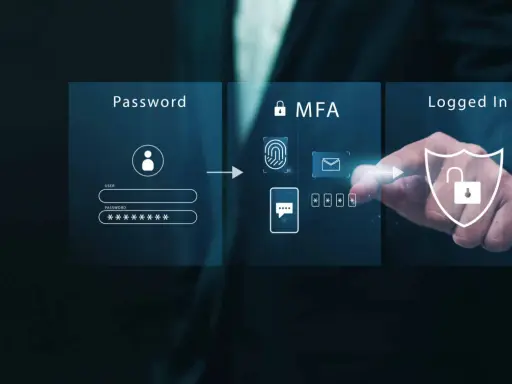 Schéma de connexion : mot de passe, puis vérification MFA (empreinte digitale, email, code), et enfin accès sécurisé.