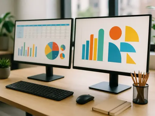 Bureau avec deux écrans affichant des graphiques. Un ordinateur avec Windows VM en ligne pour analyser les données.
