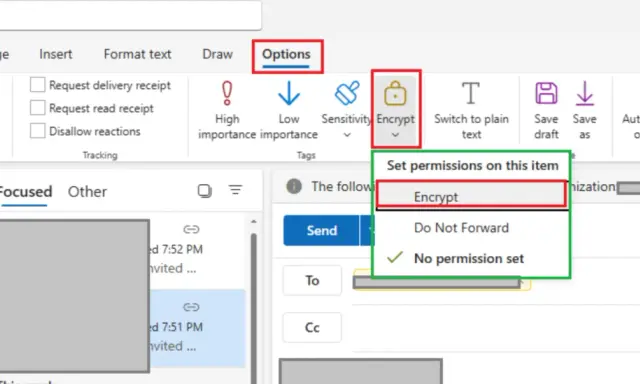 Menu Options d'Outlook, avec l'option "Encrypt" sélectionnée pour la protection des mails.