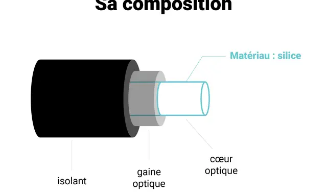 Illustration de la composition fibre optique : isolant noir, gaine optique grise, et cœur en silice.