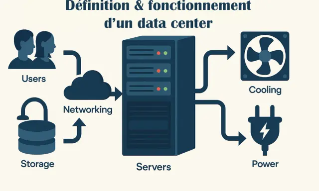 Schéma expliquant comment fonctionne un data center : les utilisateurs accèdent aux serveurs via le réseau, le stockage est sécurisé, le refroidissement maintient la température et l'alimentation électrique est essentielle.