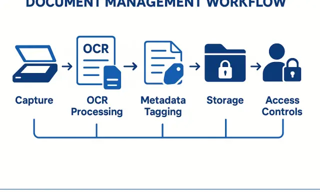 Flux de gestion documentaire : capture, traitement OCR, mise en place d'un index (métadonnées), stockage et contrôles d'accès.