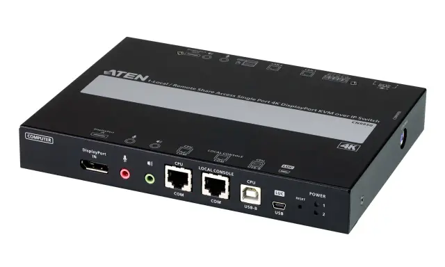 Appareil KVM réseau ATEN CN9950, un switch 4K DisplayPort pour accès local/distant. Il permet de gérer plusieurs ordinateurs via un seul poste.