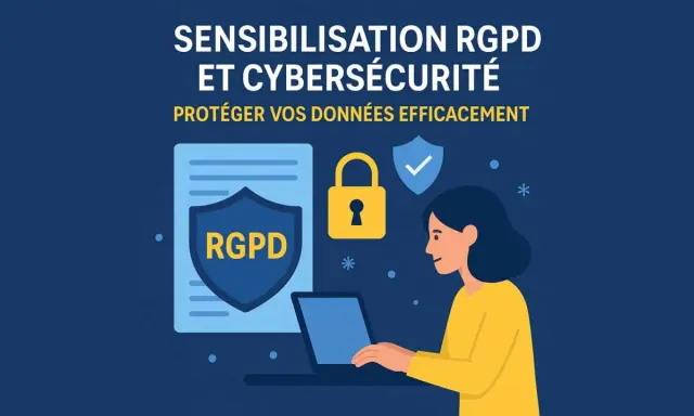 Sensibilisation RGPD et cybersécurité : une définition pour protéger vos données. Icônes de cadenas, bouclier et personne sur ordinateur.