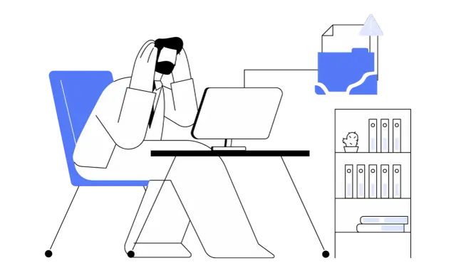 Un consultant GED stressé, mains sur la tête, face à un ordinateur. Un dossier bleu avec un point d'exclamation suggère un problème de gestion documentaire.