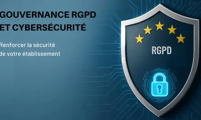 Gouvernance RGPD et cybersécurité : un bouclier symbolisant la protection des données en entreprise, avec un cadenas et les étoiles de l'UE.