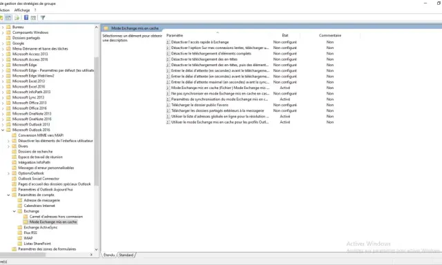Éditeur de gestion des stratégies de groupe : Paramètres de compte > Exchange > Mode Exchange mis en cache. Les options de synchronisation sont actives ou non configurées.