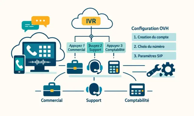 Schéma d'un système IVR OVH avec configuration SIP, gestion des appels commerciaux, support et comptabilité.