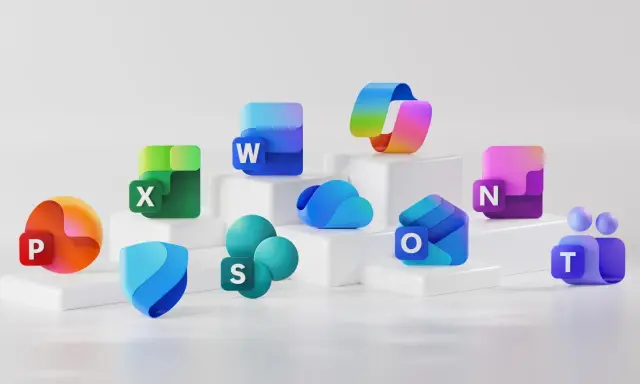 Icônes des applications Microsoft Office desktop : Word, Excel, PowerPoint, Outlook, Teams, OneDrive, SharePoint, OneNote.