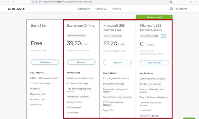 Comparatif des offres email : Basic Mail gratuit, Exchange Online à 39,20 kr./mois, et Microsoft 365 à partir de 0 kr. le 1er mois.