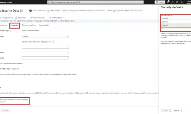 Paramètres de sécurité désactivés dans le centre d'administration Microsoft Entra. L'organisation n'est pas protégée par les paramètres de sécurité par défaut, qui incluent l'authentification multifacteur (MFA) pour Windows.