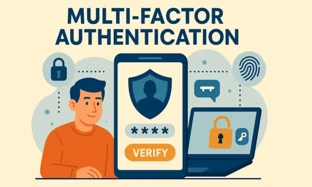 Illustration sur l'authentification multi-facteurs (MFA). Un homme, un smartphone affichant un code et un ordinateur portable avec un cadenas symbolisent la sécurité.