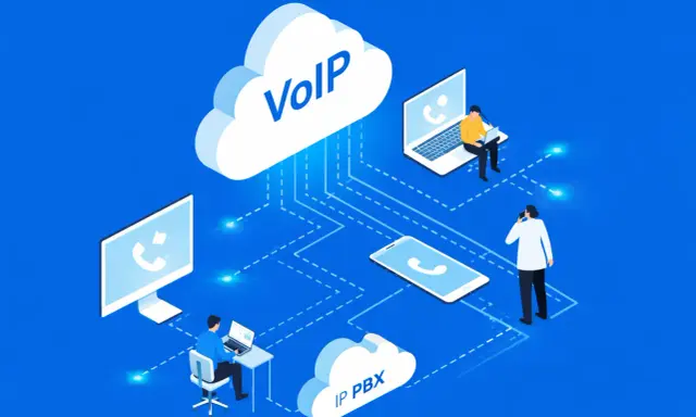 Illustration de la **voip définition** : des personnes communiquent via des appareils connectés au cloud, symbolisant la téléphonie sur IP.