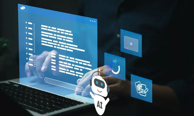 Un robot IA interagit avec des fenêtres d'interface utilisateur, symbolisant le **process robotic automation** et l'efficacité numérique.