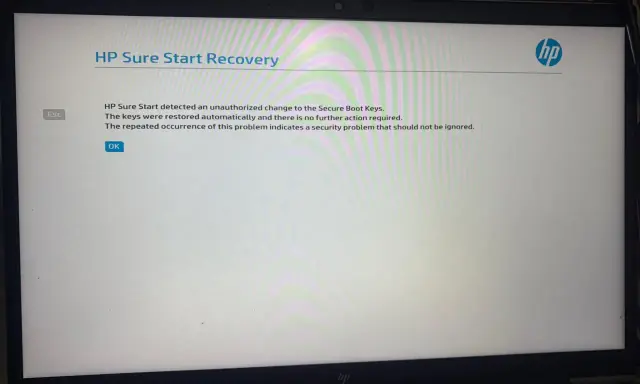 Écran de récupération HP Sure Start affichant un message de sécurité et le logo HP.